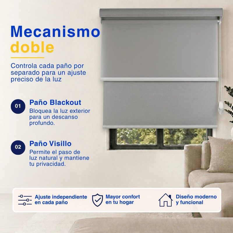 CORTINA ROLLER BLACKOUT 2 PAÑO 160X200 DOBLE CON VISILLO Y CENEFA GUIZA - 4