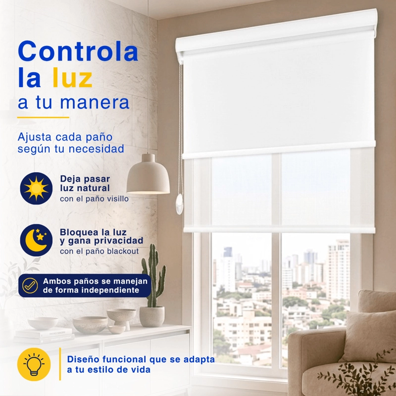 CORTINA ROLLER BLACKOUT 2 PAÑO 200X200 DOBLE CON VISILLO Y CENEFA GUIZA - 5