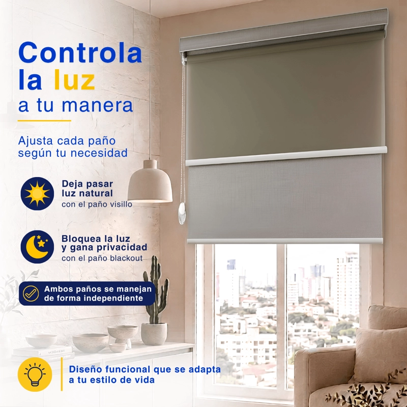 CORTINA ROLLER BLACKOUT 2 PAÑO 200X200 DOBLE CON VISILLO Y CENEFA GUIZA - 5