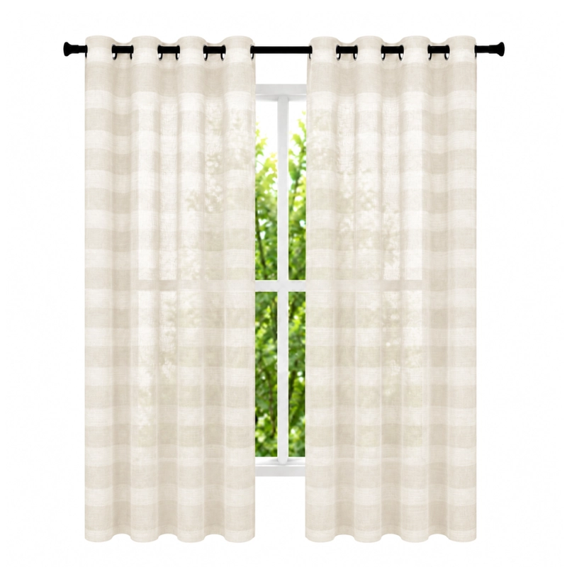 CORTINA VISILLO VELO LINO TRASLUCIDO 2 PAÑOS 140X230 BEIGE RAYAS GUIZA - 1