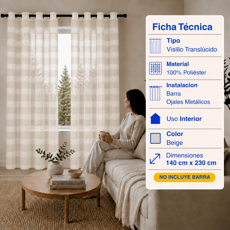 CORTINA VISILLO VELO LINO TRASLUCIDO 2 PAÑOS 140X230 BEIGE RAYAS GUIZA - 2