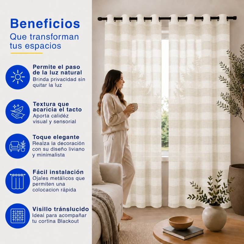 CORTINA VISILLO VELO LINO TRASLUCIDO 2 PAÑOS 140X230 BEIGE RAYAS GUIZA - 4