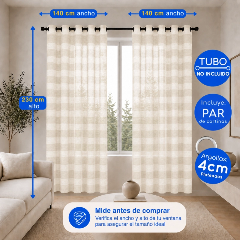 CORTINA VISILLO VELO LINO TRASLUCIDO 2 PAÑOS 140X230 BEIGE RAYAS GUIZA - 5