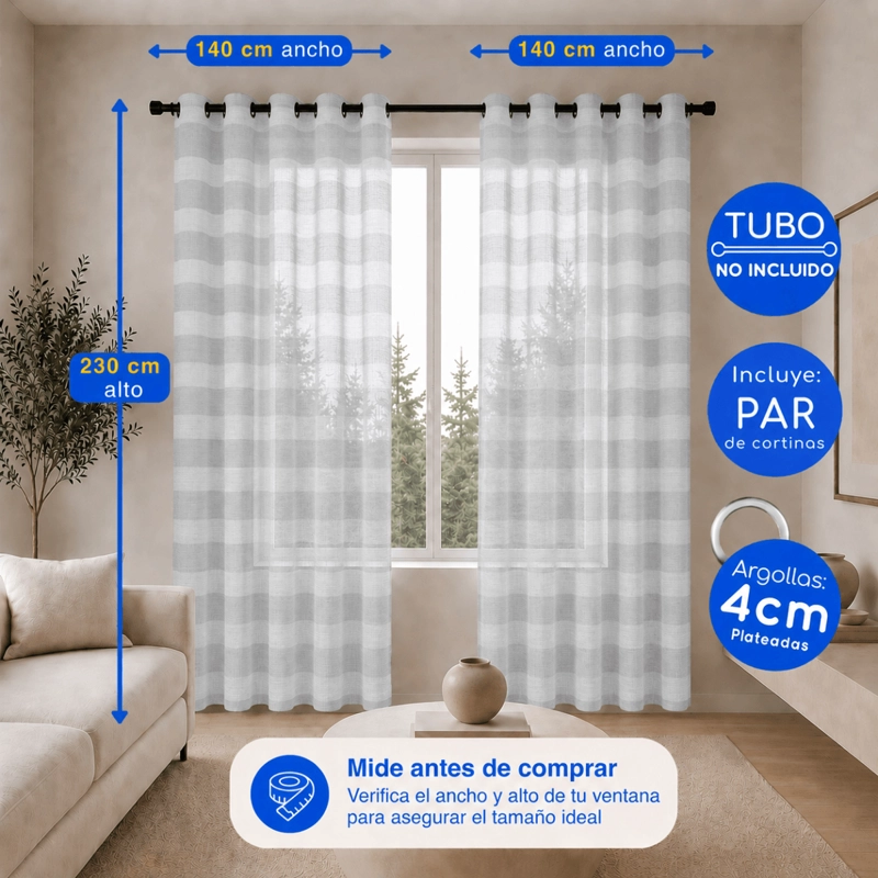 CORTINA VISILLO VELO LINO TRASLUCIDO 2 PAÑOS 140X230 GRIS RAYAS GUIZA - 5