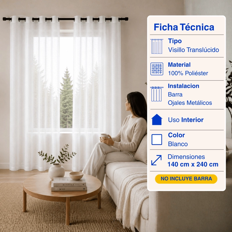 CORTINA VISILLO VELO FINO TRASLUCIDO 2 PAÑOS 140X240 BLANCO GUIZA - 2