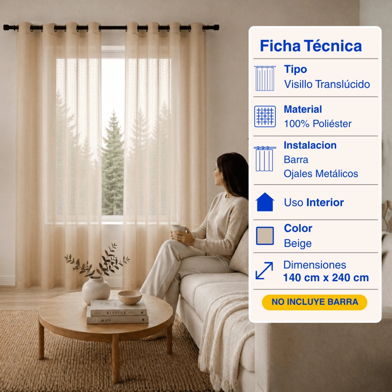 CORTINA VISILLO VELO FINO TRASLUCIDO 2 PAÑOS 140X240 BEIGE GUIZA - 2