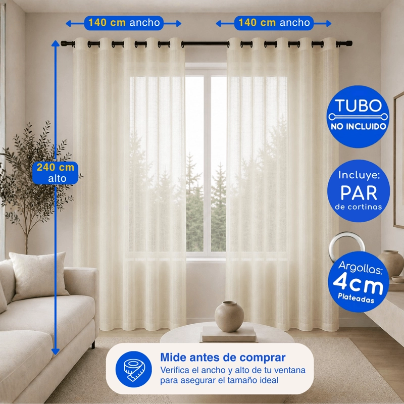 CORTINA VISILLO VELO FINO TRASLUCIDO 2 PAÑOS 140X240 BEIGE GUIZA - 4