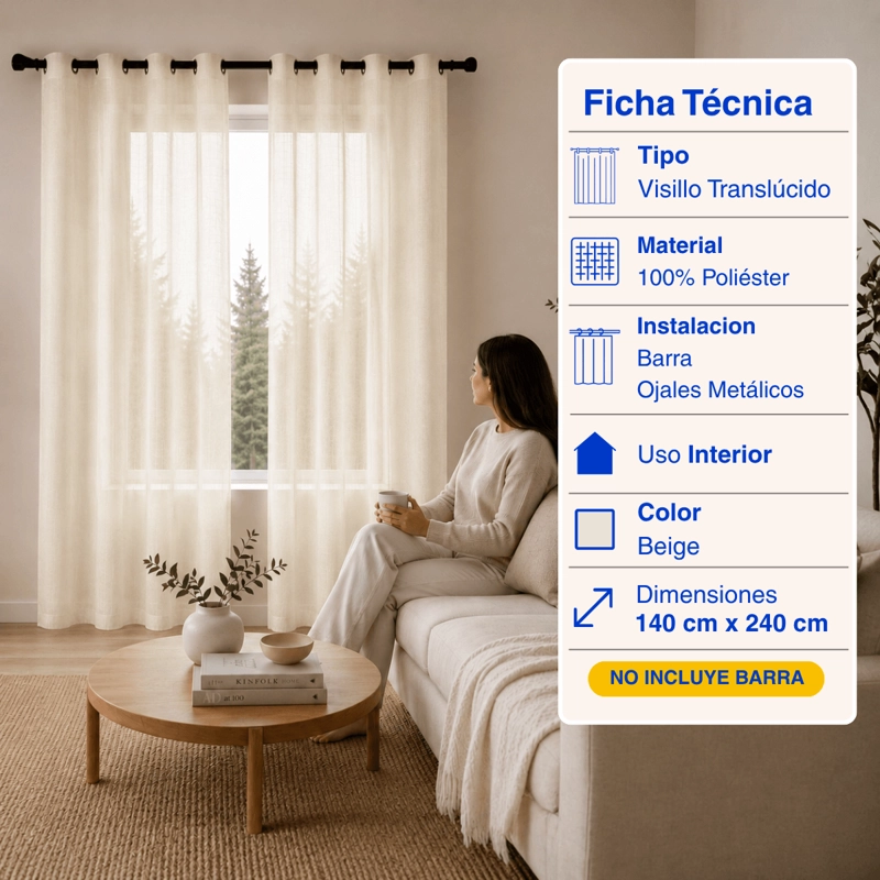 CORTINA VISILLO VELO LINO TRASLUCIDO 2 PAÑOS 140X240 BEIGE GUIZA - 2