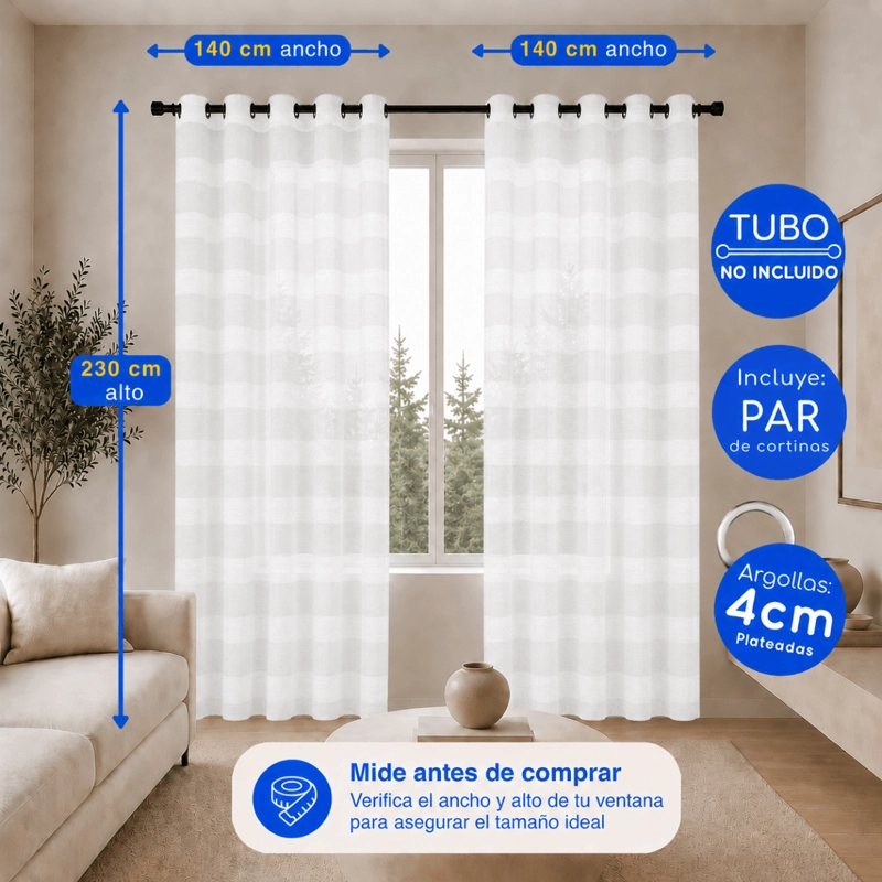 CORTINA VISILLO VELO LINO TRASLUCIDO 2 PAÑOS 140X230 RAYAS GUIZA - 4