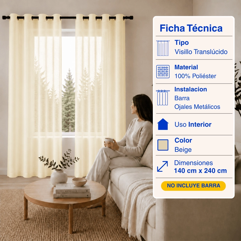 CORTINA VISILLO VELO LISO TRASLUCIDO 2 PAÑOS 140X240 BLANCO GUIZA - 2