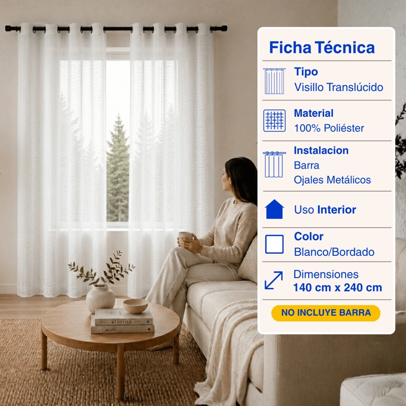 CORTINA VISILLO VELO LINO TRASLUCIDO 2 PAÑOS 140X240 BEIGE GUIZA - 2
