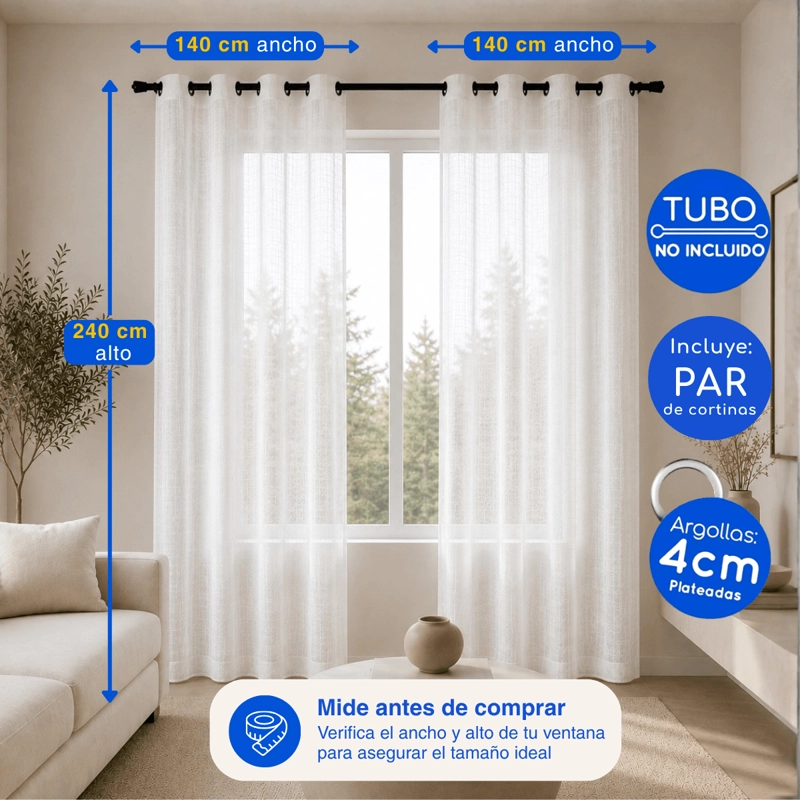 CORTINA VISILLO VELO LINO TRASLUCIDO 2 PAÑOS 140X240 BEIGE GUIZA - 4