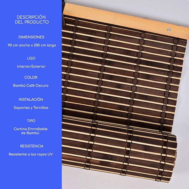 CORTINA ROLLER BAMBU PERSIANA ENROLLABLE 90 X 200 CAFE OSCURO GUIZA - 2