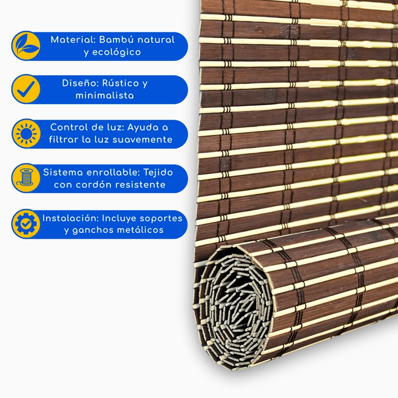 CORTINA ROLLER BAMBU PERSIANA ENROLLABLE 90 X 200 CAFE OSCURO GUIZA - 4