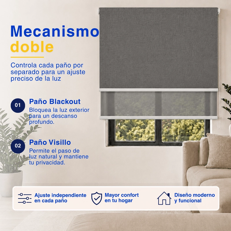 CORTINA ROLLER BLACKOUT DOBLE 2 PAÑO 120X200 CON VISILLO CAFE CLARO LINO SIN CENEFA GUIZA - 4
