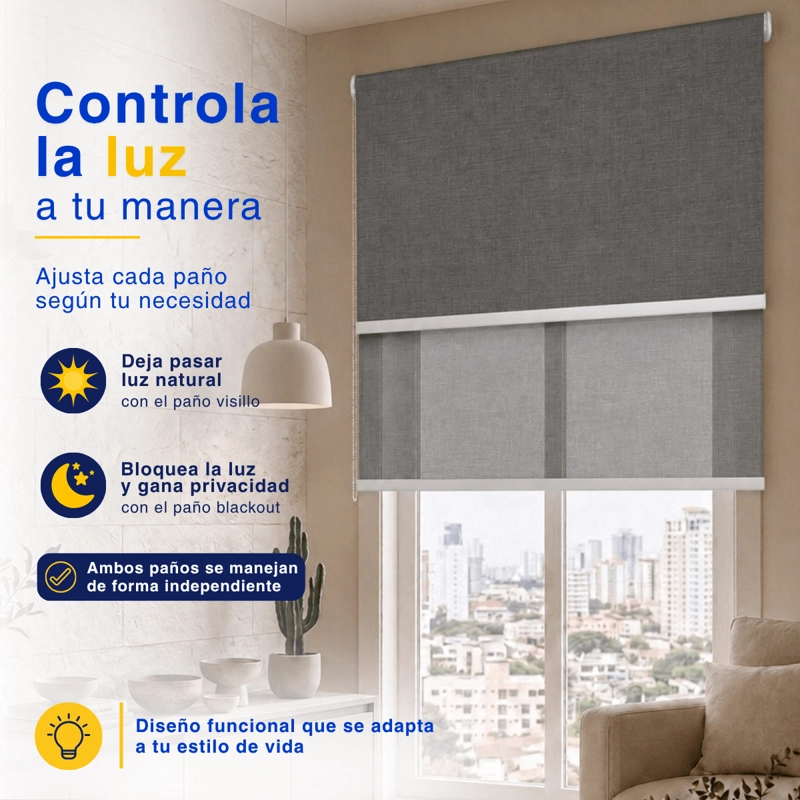 CORTINA ROLLER BLACKOUT DOBLE 2 PAÑO 120X200 CON VISILLO CAFE CLARO LINO SIN CENEFA GUIZA - 5