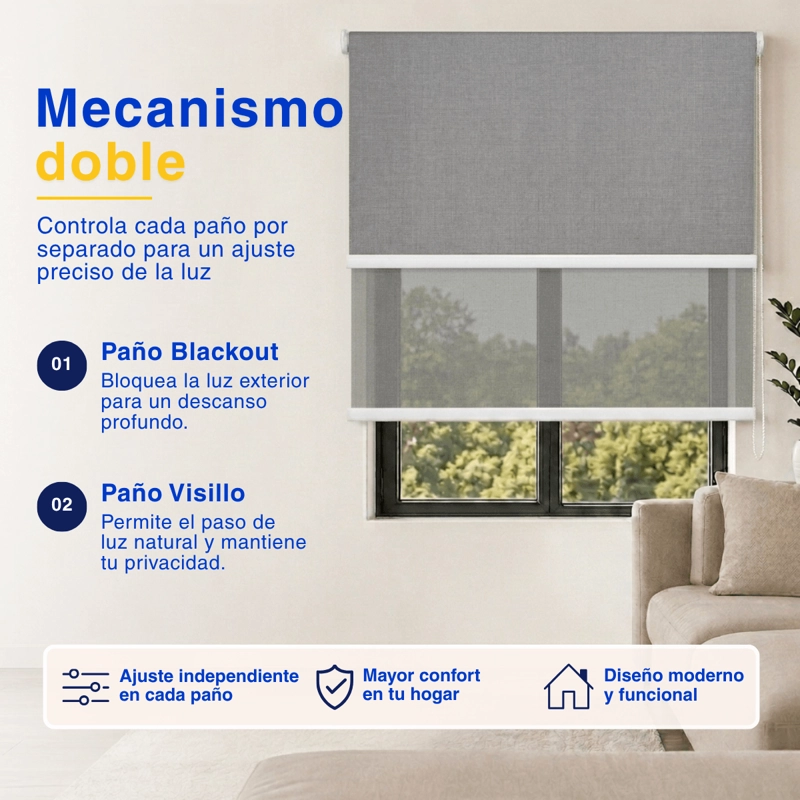 CORTINA ROLLER BLACKOUT DOBLE 2 PAÑO 140X200 CON VISILLO CAFE CLARO LINO SIN CENEFA GUIZA - 4