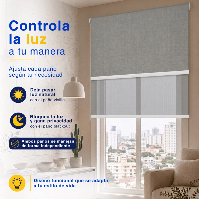 CORTINA ROLLER BLACKOUT DOBLE 2 PAÑO 140X200 CON VISILLO CAFE CLARO LINO SIN CENEFA GUIZA - 5