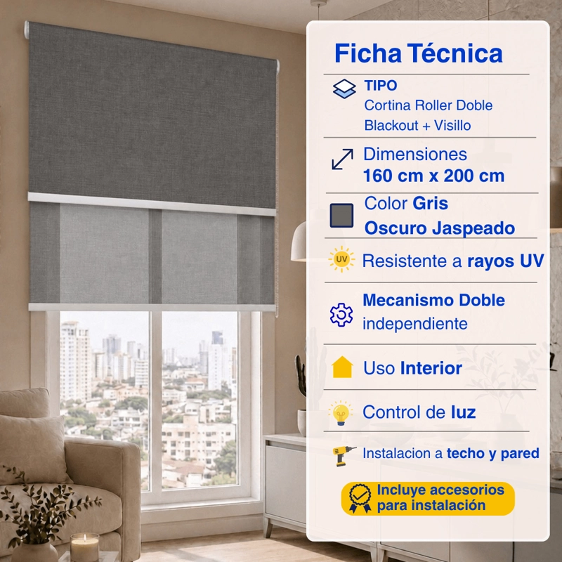 CORTINA ROLLER BLACKOUT DOBLE 2 PAÑO 160X200 CON VISILLO CAFE CLARO LINO SIN CENEFA GUIZA - 2