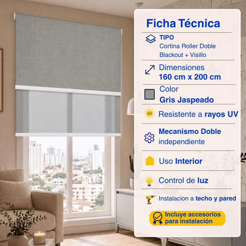 CORTINA ROLLER BLACKOUT DOBLE 2 PAÑO 160X200 CON VISILLO CAFE CLARO LINO SIN CENEFA GUIZA - 2