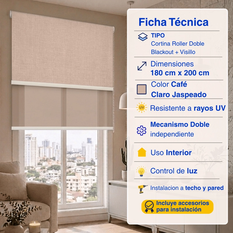 CORTINA ROLLER BLACKOUT DOBLE 2 PAÑO 180X200 CON VISILLO CAFE CLARO LINO SIN CENEFA GUIZA - 2