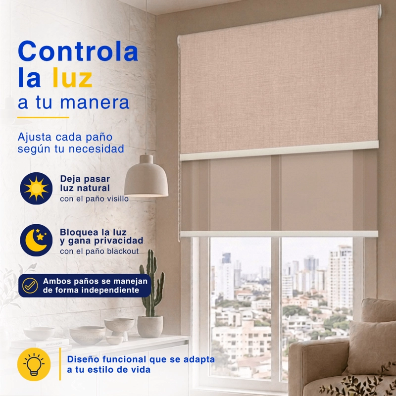 CORTINA ROLLER BLACKOUT DOBLE 2 PAÑO 180X200 CON VISILLO CAFE CLARO LINO SIN CENEFA GUIZA - 5