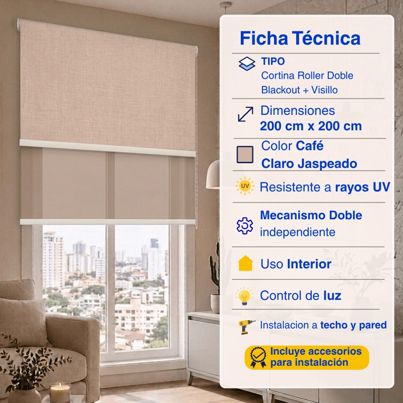 CORTINA ROLLER BLACKOUT DOBLE 2 PAÑO 200X200 CON VISILLO CAFE CLARO LINO SIN CENEFA GUIZA - 2