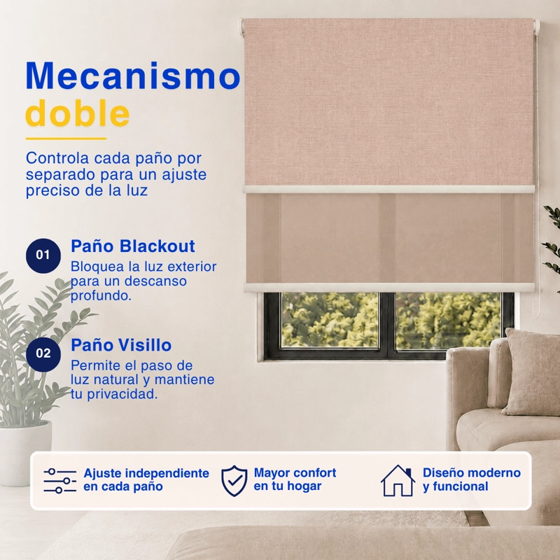 CORTINA ROLLER BLACKOUT DOBLE 2 PAÑO 200X200 CON VISILLO CAFE CLARO LINO SIN CENEFA GUIZA - 4