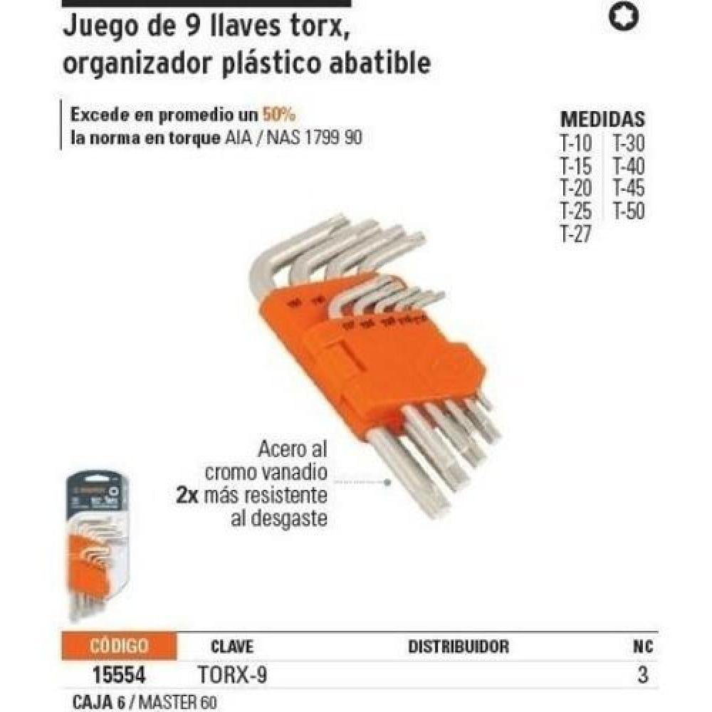 JUEGO DE LLAVES TRUPER CTTRU153 TORX 9 PIEZAS ACERO VANADIO PROFESION - 3