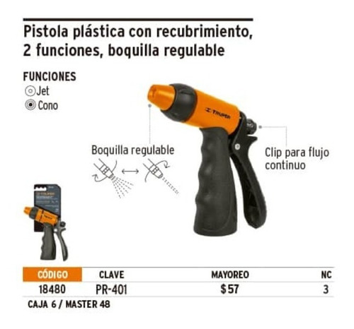 PISTOLA PARA RIEGO PLÁSTICA REFORSADA, 2 FUNCIONES TRUPER - 3