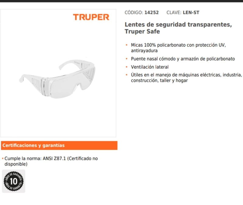 LENTES DE SEGURIDAD TRANSPARENTES, TRUPER SAFE - 4