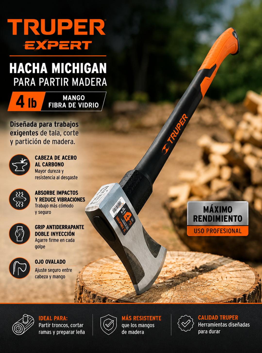 HACHA MICHIGAN PARA PARTIR MADERA MANGO FIBRA 4LB TRUPER EX - 4