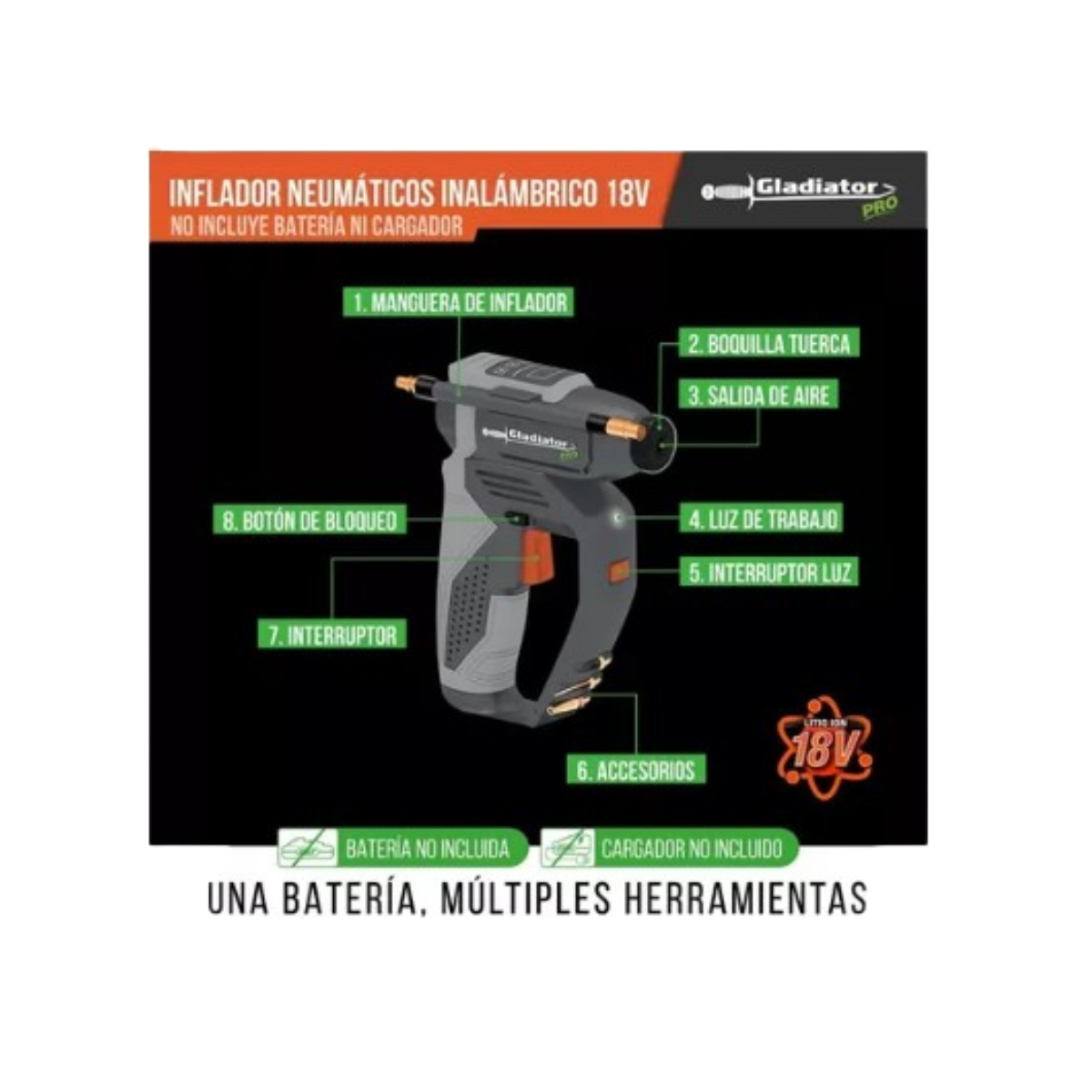 INFLADOR DE NEUMATICOS INALAMBRICO GLADIATOR 2024 18V SIN BAT - 6