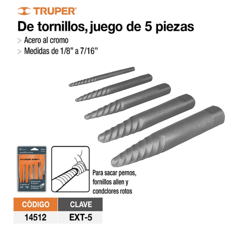 SET HERRAMIENTAS TRUPER EXTRACTOR CTTRU159 5 PIEZAS TORNILLOS 1/8 A 3/4 EXT-5 - 2