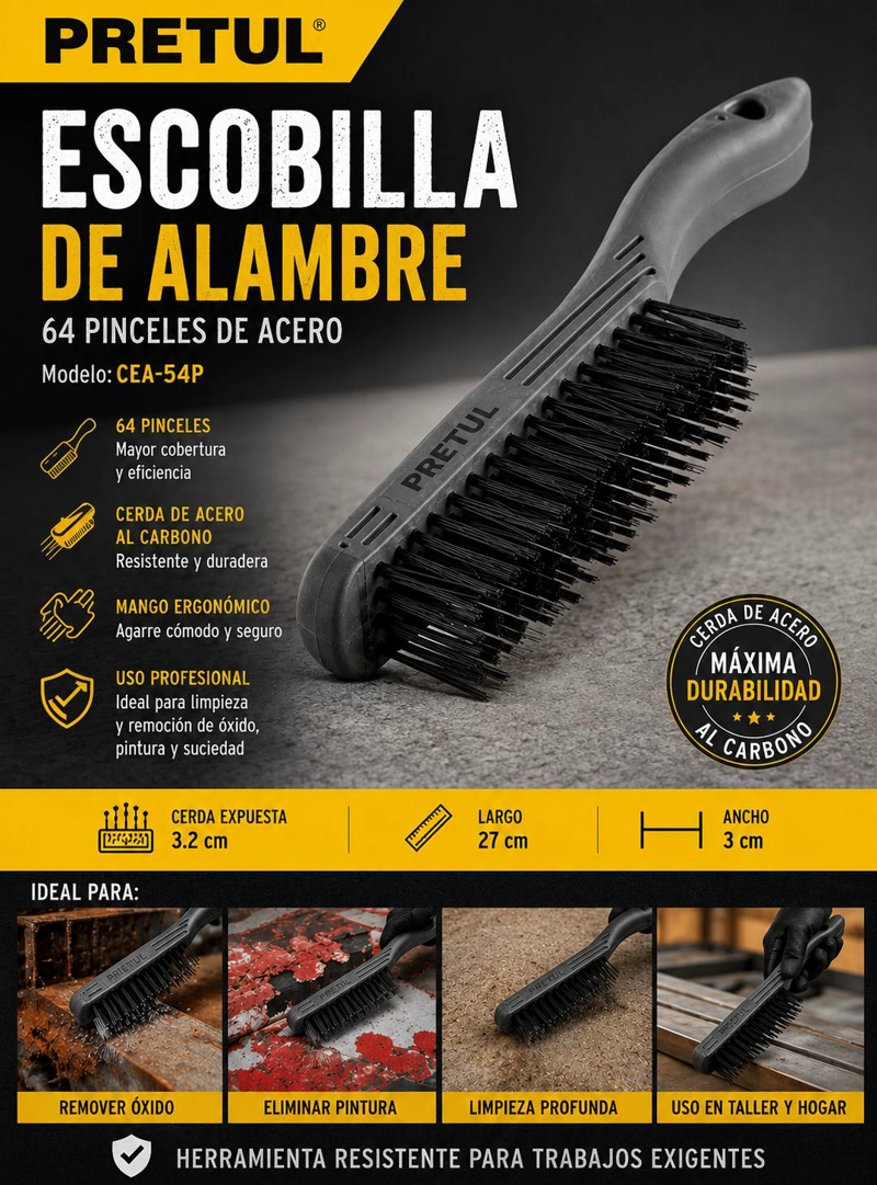 ESCOBILLA ALAMBRE, CERDA ACERO, 64 PINCELES, PRETUL CEA-54P - 4