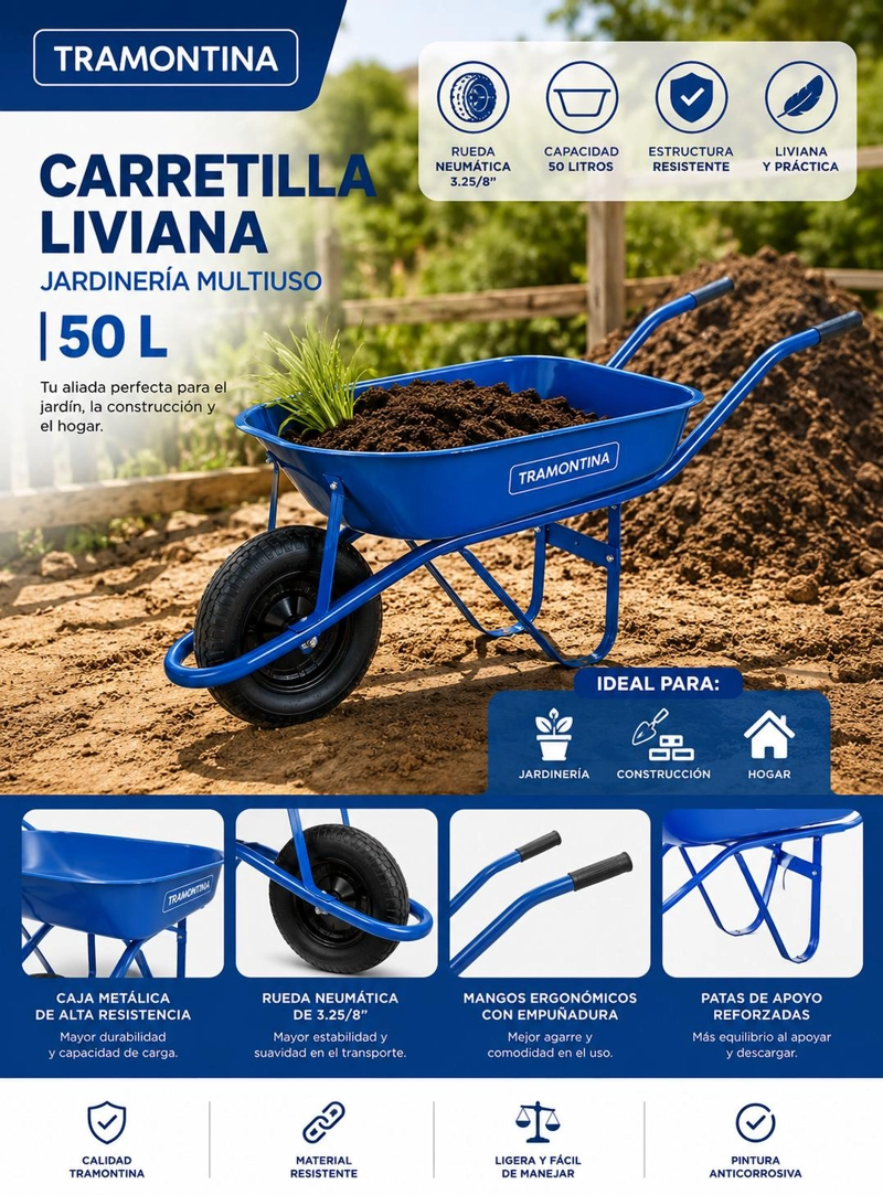 CARRETILLA TRAMONTINA CTTRA01 LIVIANA JARDÍNERÍA MULTIUSO 50 LT - 8