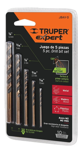 JUEGO DE BROCAS CTTRU135 PARA METAL MADERA PLASTICO TRUPER 5 PIEZAS - 1