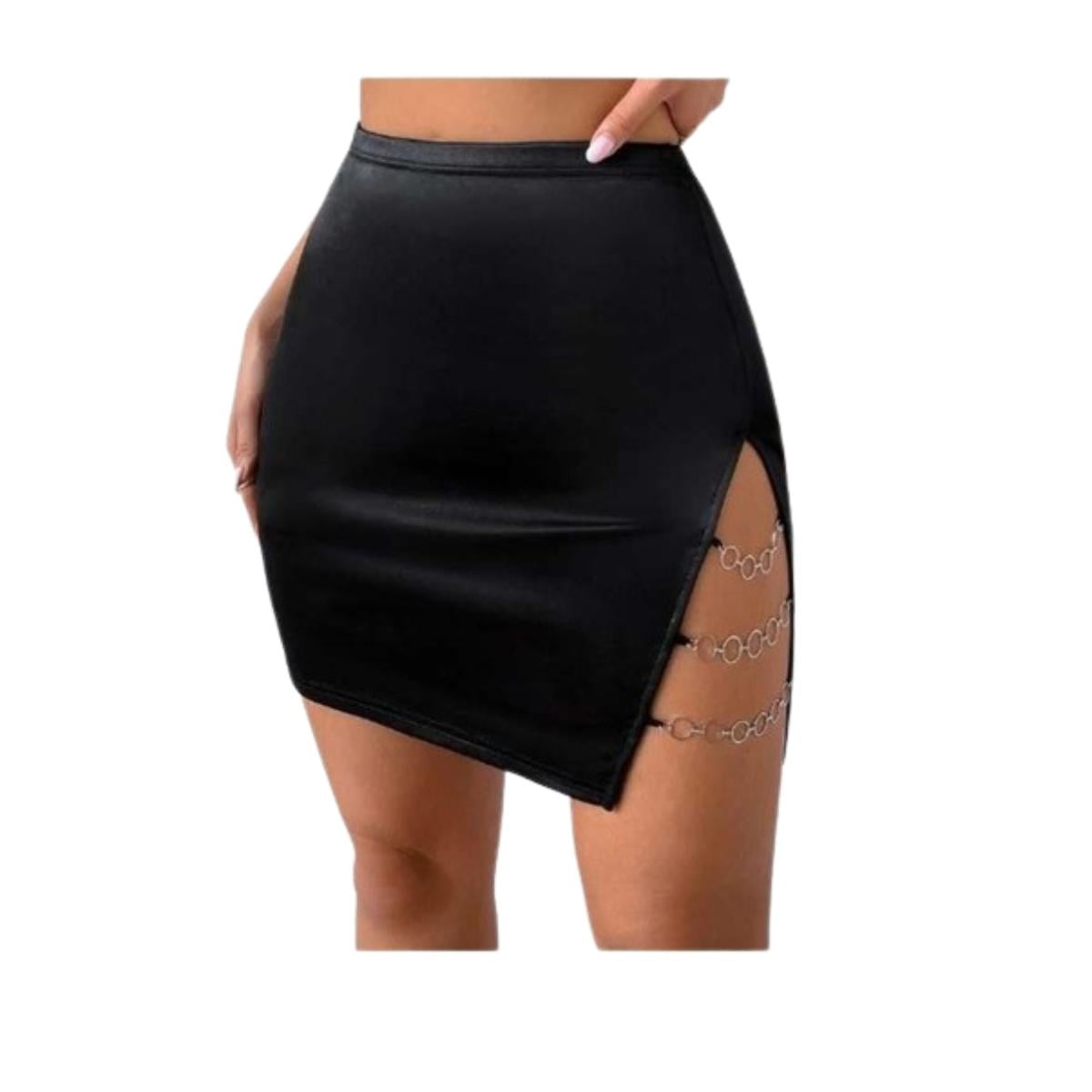 FALDA MUJER NEGRO GRNSML ECOCUERO TIRO ALTO ABERTURA CADENA FASHION 2023 - 1