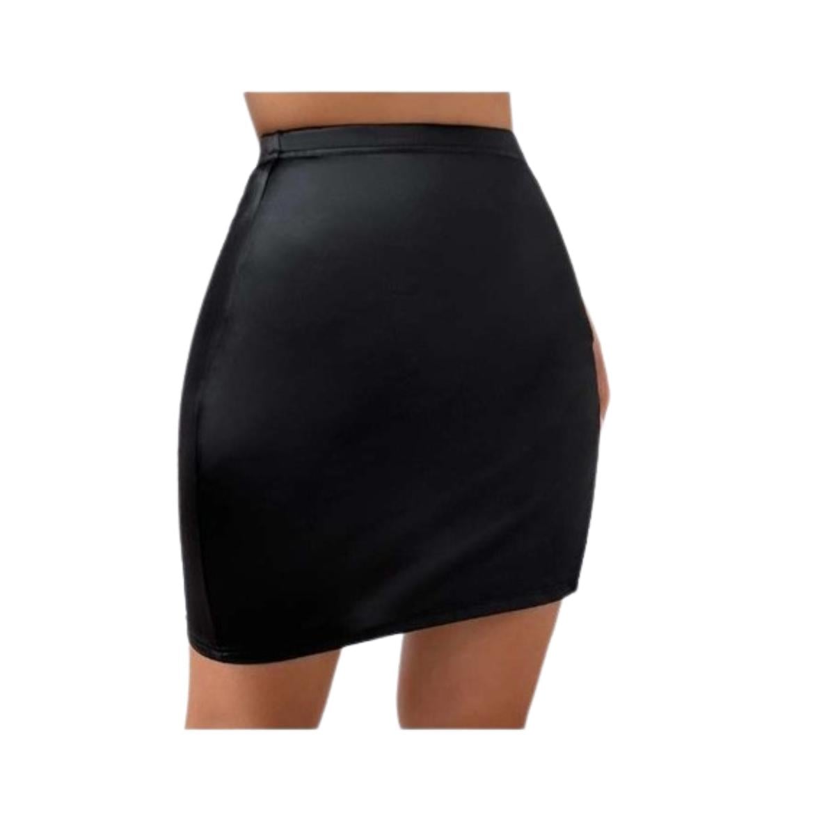 FALDA MUJER NEGRO GRNSML ECOCUERO TIRO ALTO ABERTURA CADENA FASHION 2023 - 2