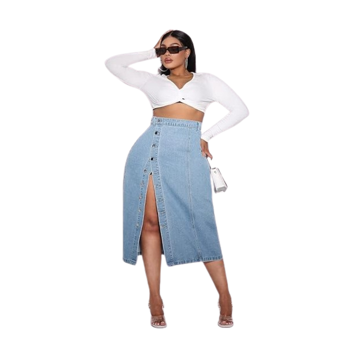 FALDA LARGA MUJER AZUL GRAM JEANS MEZCLILLA BOTONES DELANTERO TIRO ALTO - 3