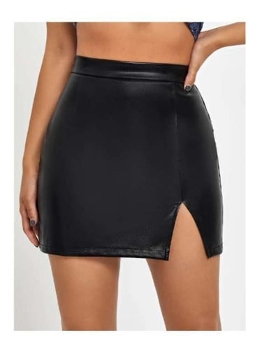 FALDA CUERO MUJER NEGRO GRCXB CON ABERTURA PIERNA TIRO ALTO SIN COSTURA - 3