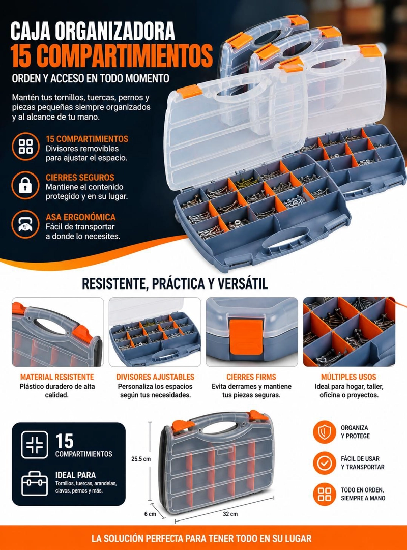 CAJA HERRAMIENTAS KENDO CTK03 ORGANIZADORA PLÁSTICO 15 COMPARTIMIENTOS 90224 2 X 2 CM - 6