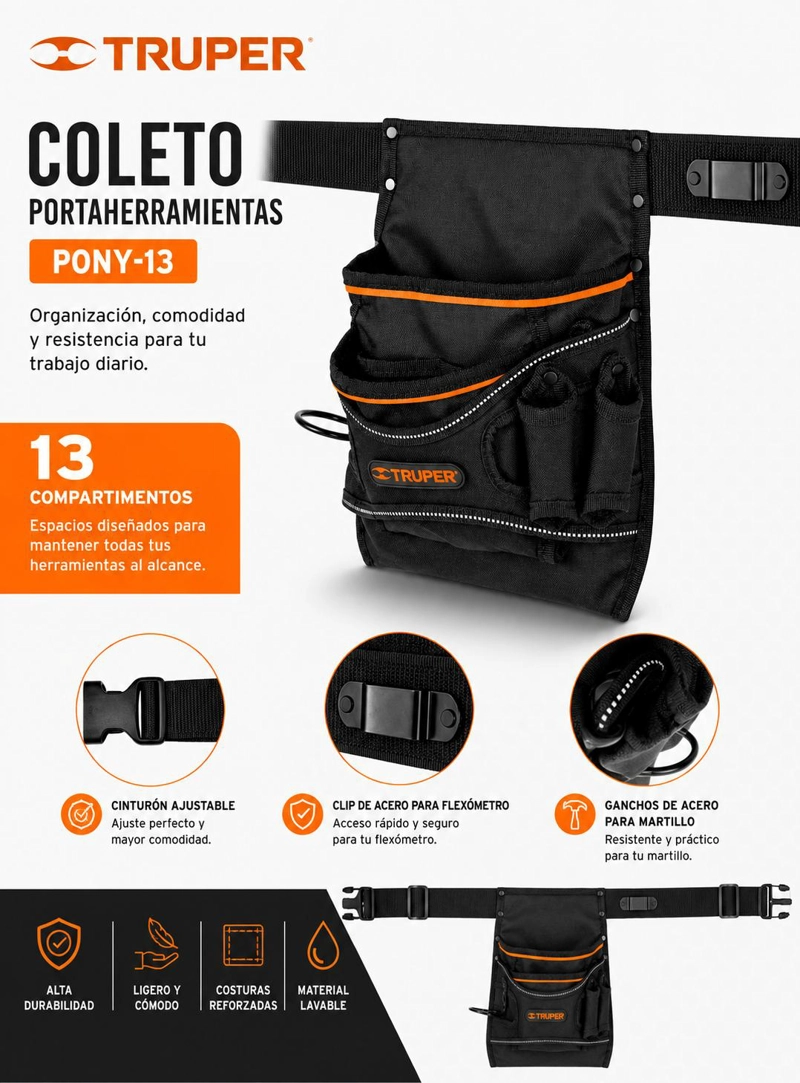 COLETO TRUPER CTTRU94 PORTAHERRAMIENTAS 13 COMPARTIMENTOS PONY-13 5 X 5 CM - 8
