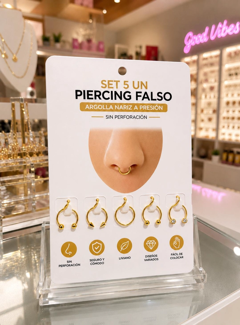 SET 5UN PIERCING FALSO ARGOLLA NARIZ A PRESION SIN PERFORACION! - 2
