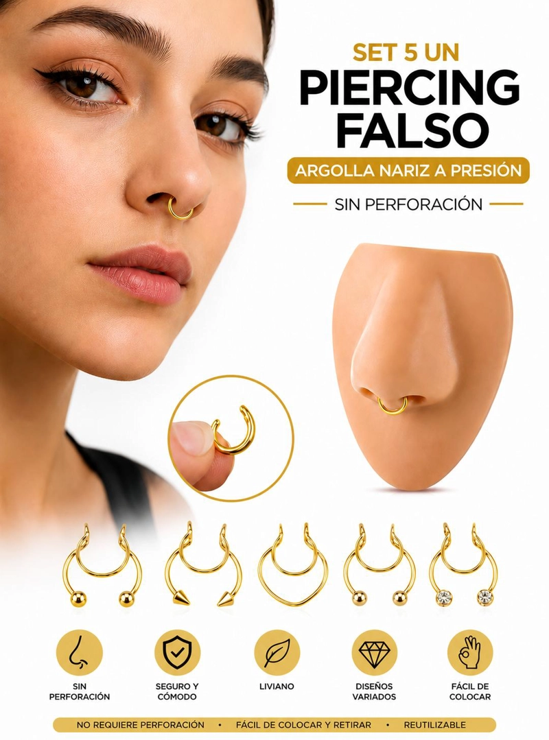SET 5UN PIERCING FALSO ARGOLLA NARIZ A PRESION SIN PERFORACION! - 4