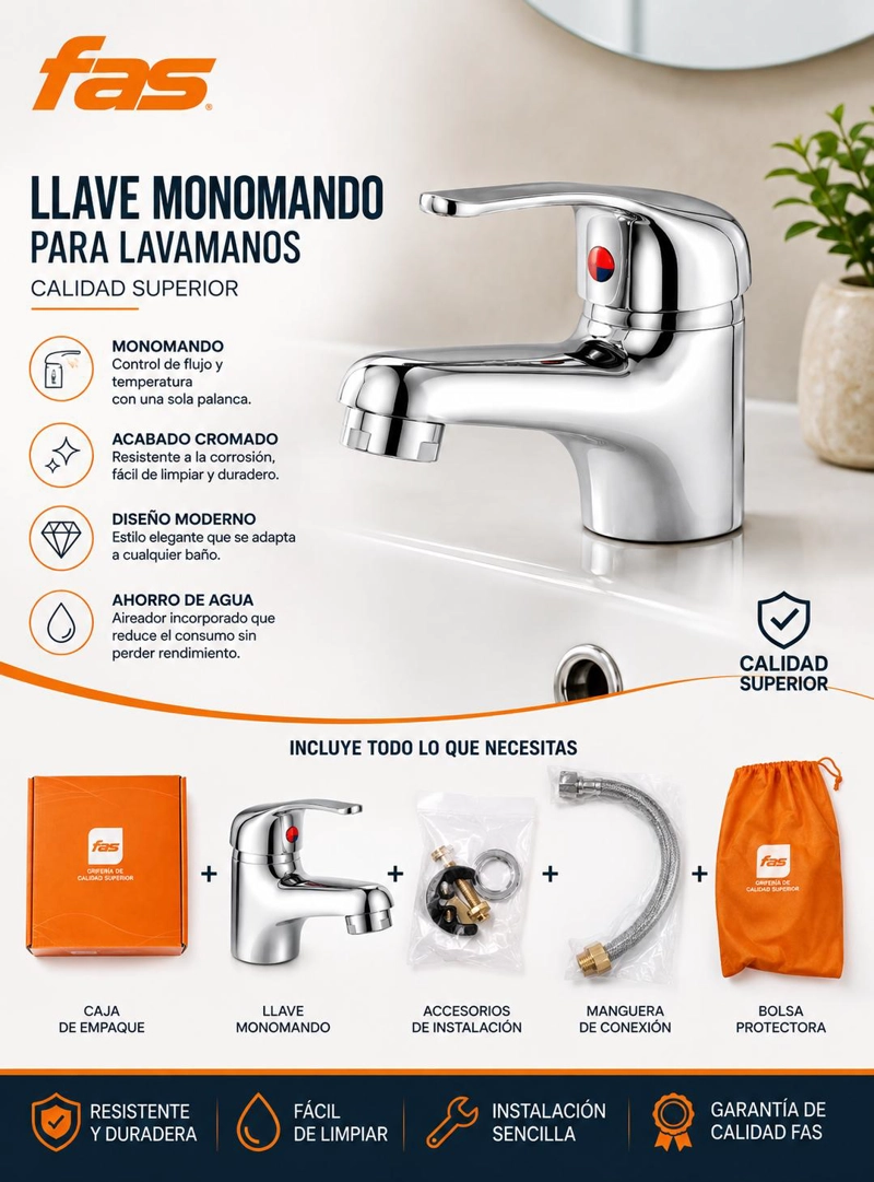 LLAVE FAS CTFAS08 MONOMANDO LAVAMANOS CALIDAD SUPERIOR ACERO - 5