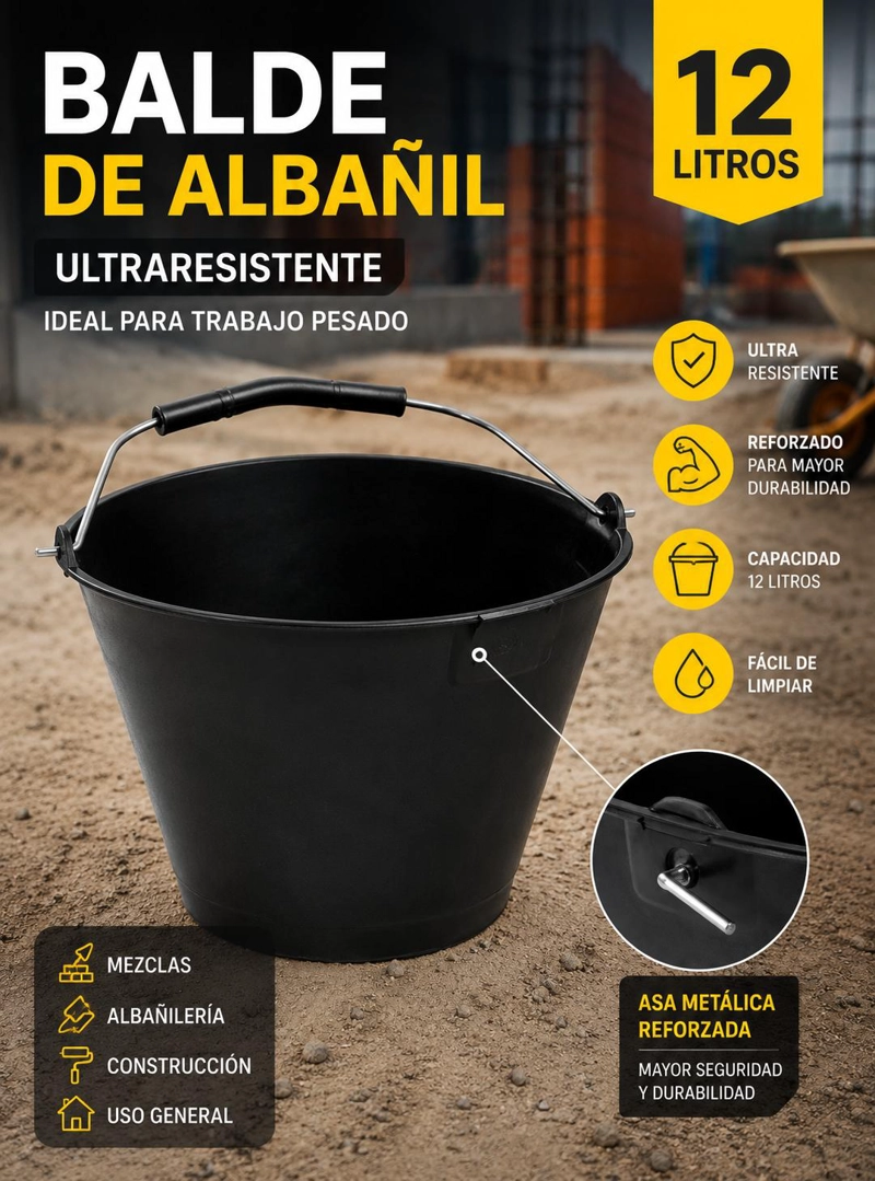 BALDE PLASTICO DE ALBAÑIL 12LITROS ULTRARESISTENTE REFORZADO - 4