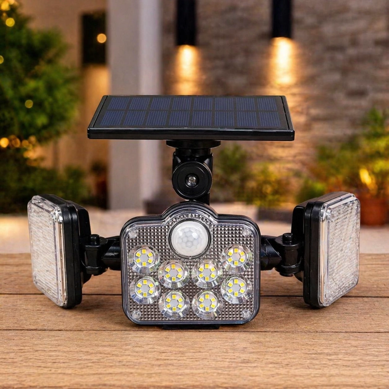 LUZ SOLAR FOCO TRIPLE CABEZAL CON SENSOR MOVIMIENTOS CON CABLE NEGRO - 2