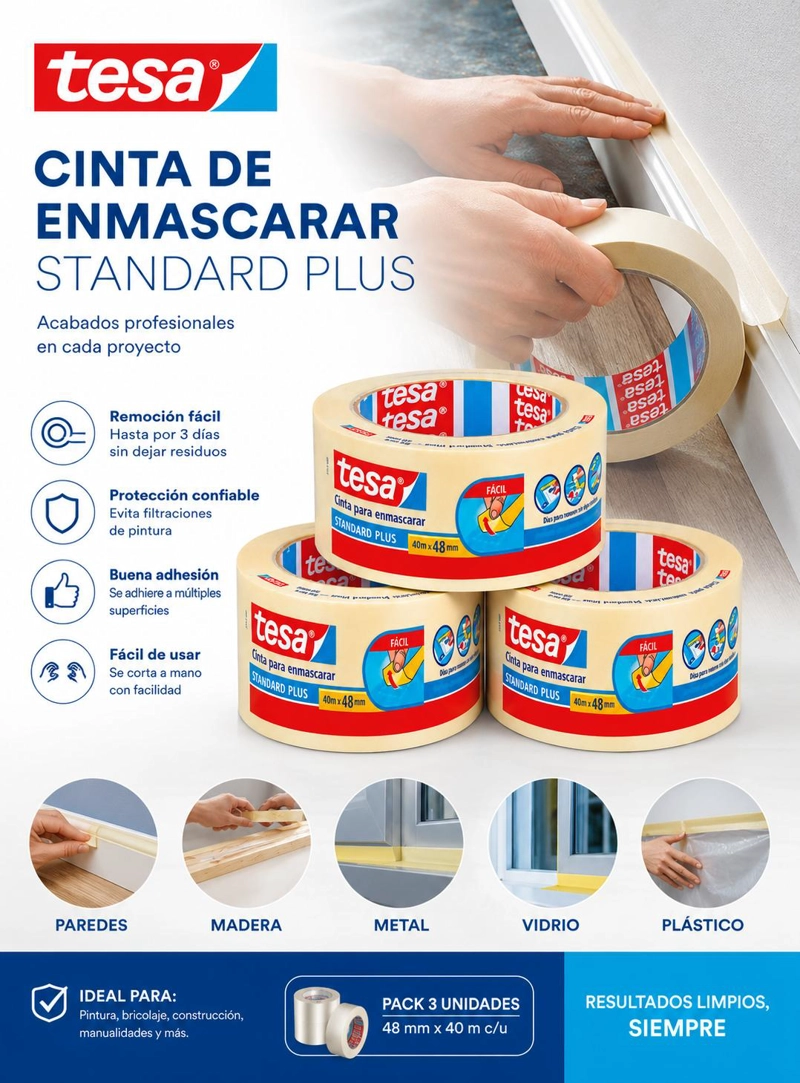 3 CINTAS DE ENMASCARAR MASKING TAPE TESA 40 MTS X 48 MM - 6
