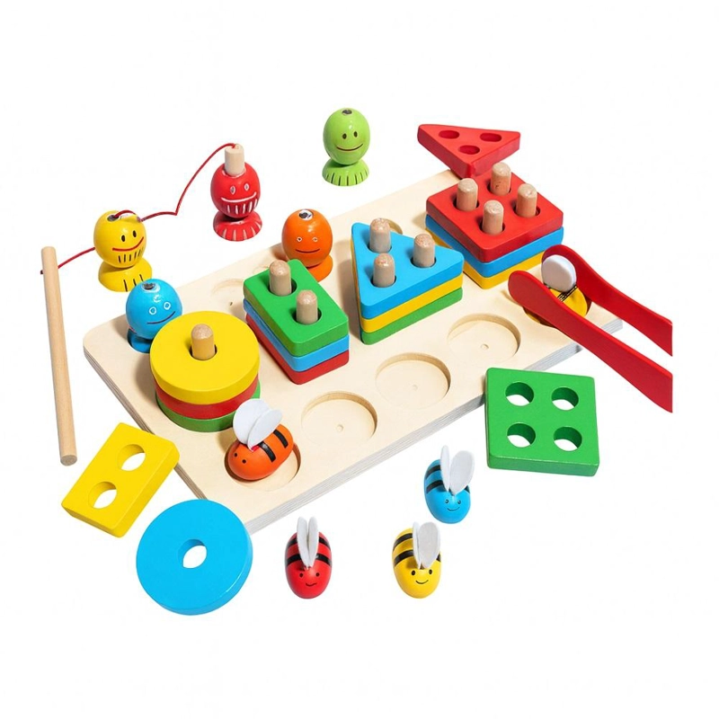 JUEGO DE MADERA MULTICOLOR 3X1 MOTRICIDAD FINA ENCAJE PESCA Y ABEJAS MONTESSORI - 1
